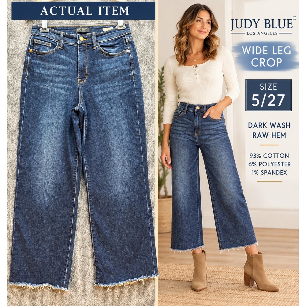 Judy Blue Wide Leg Crop Women Dark Wash Raw Hem 5/27 Excellent Boho